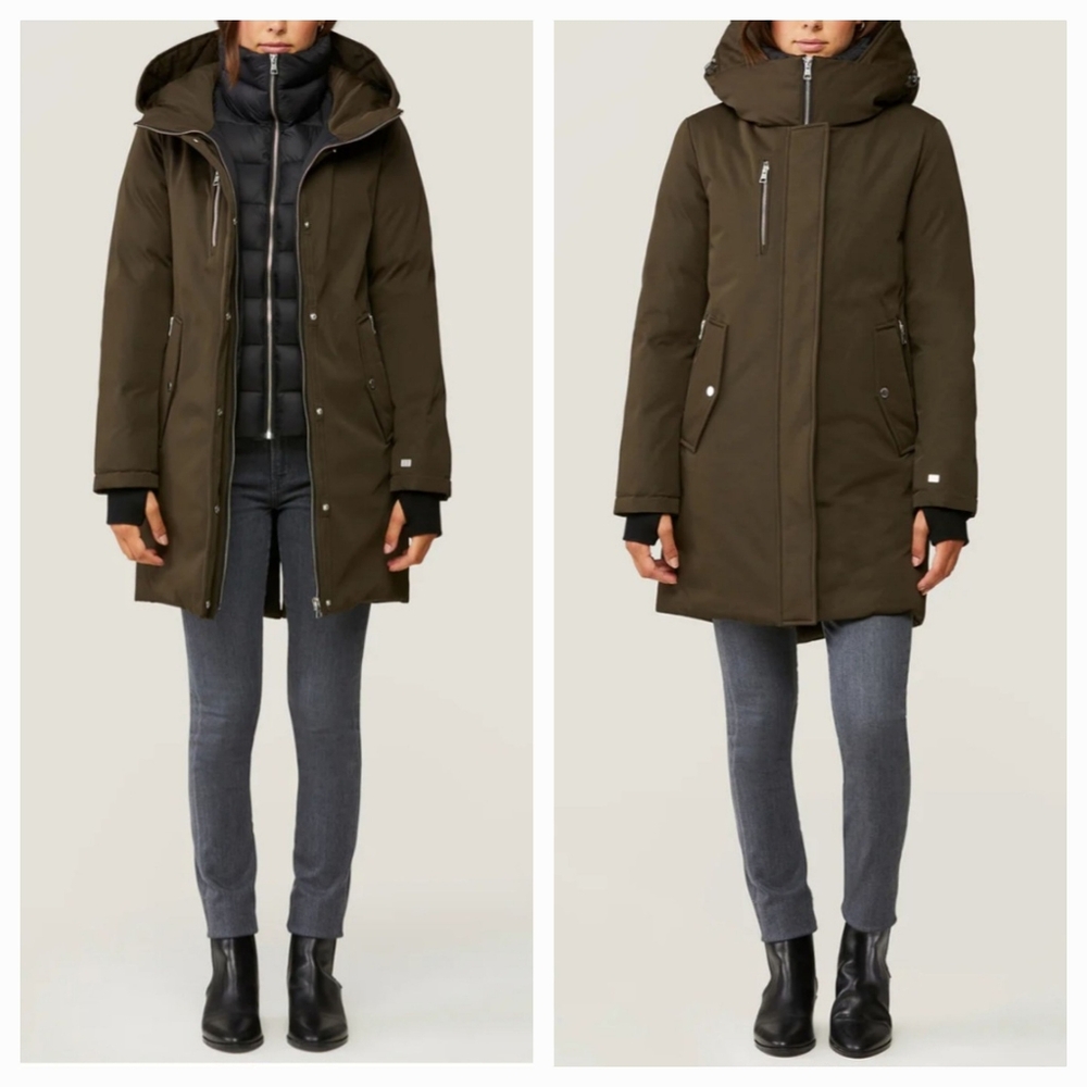 SOIA & KIO BELINA Down Filled Olive Green Black Hooded Parka Puffer Coat  Medium